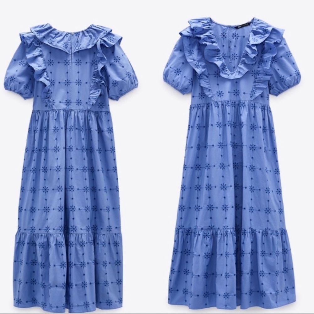 Worn once or twice! Zara Openwork Blue Eyelet Ruffle Midi Dress. Size S.